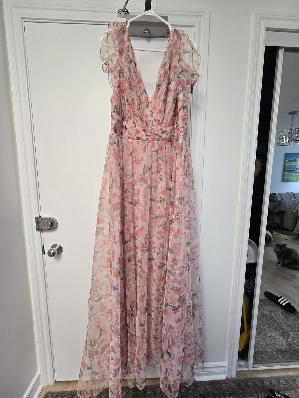 Soieblu Pink Floral V-Neck Ruffle Sleeve Maxi Dress